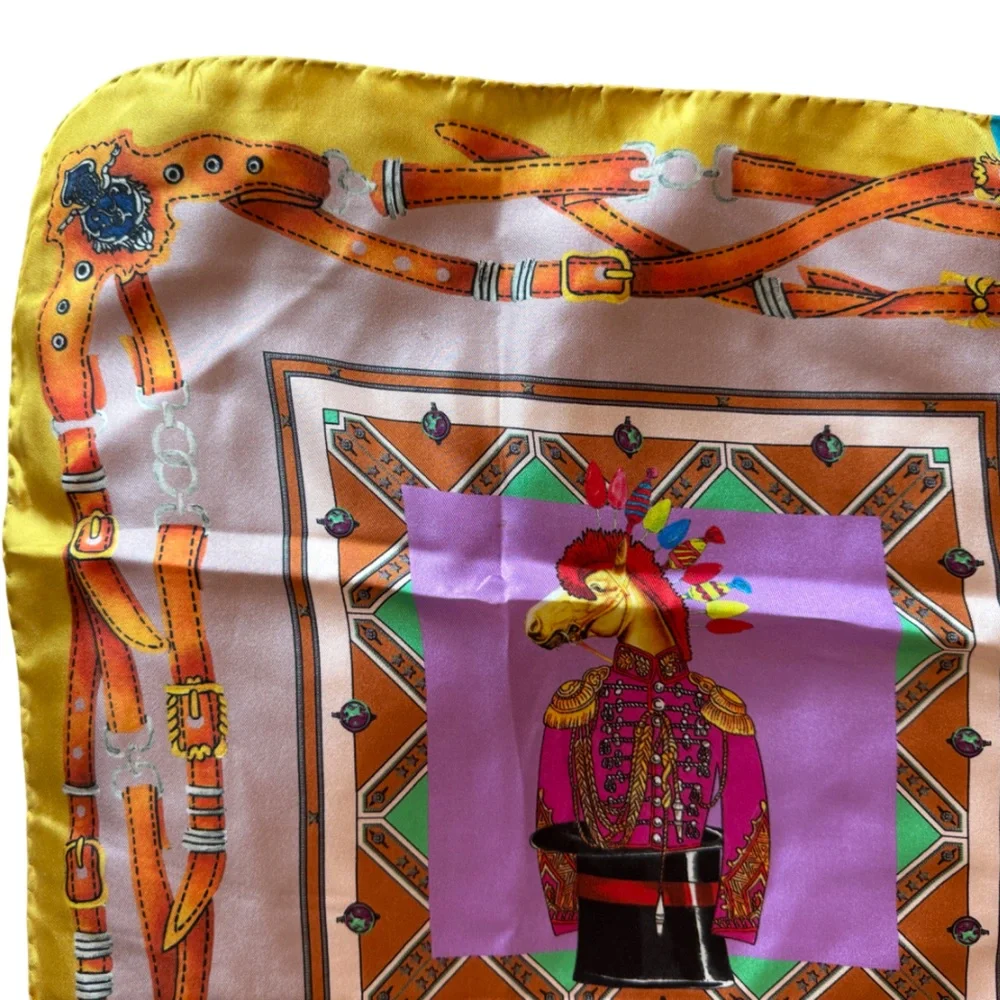 Vintage Rare Etro Dog Cowboy Western 100% Luxury Designer Colorful Silk Scarf OS